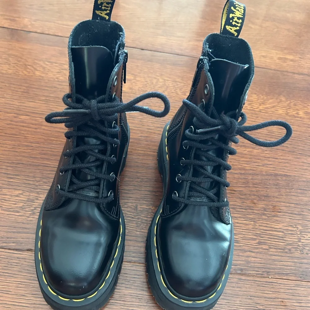 Dr. Martens Jadon platform Black Combat Boots with Yellow Stitching - Picture 2 of 8